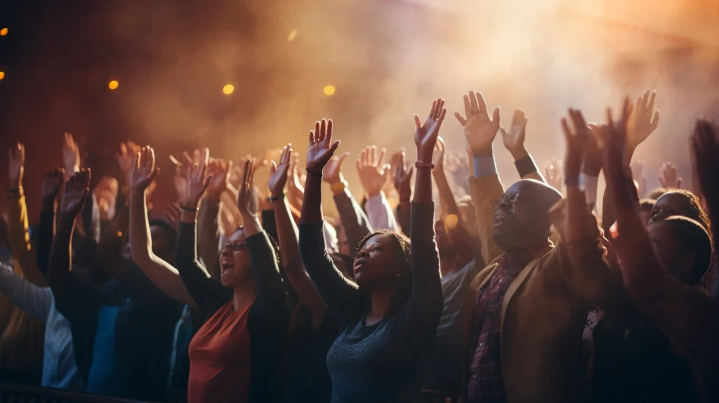 Large crowd of worshipers during praise and worship with hands raised.