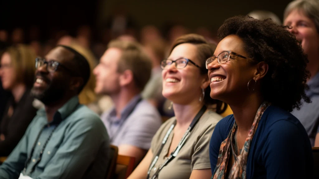 Women and a man watching a speaker at a conference.